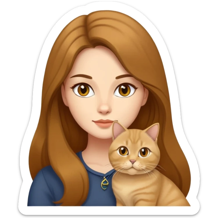 A brown long hair beautiful woman with a golden British shorthair cat sticker