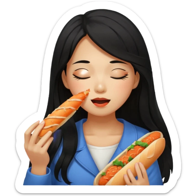 Girl black long hair eat kimchi close eyes baguette sticker