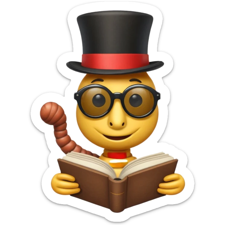 Worm where it looks like he is reading a book and he is wearing sunglasses and a top hat  sticker