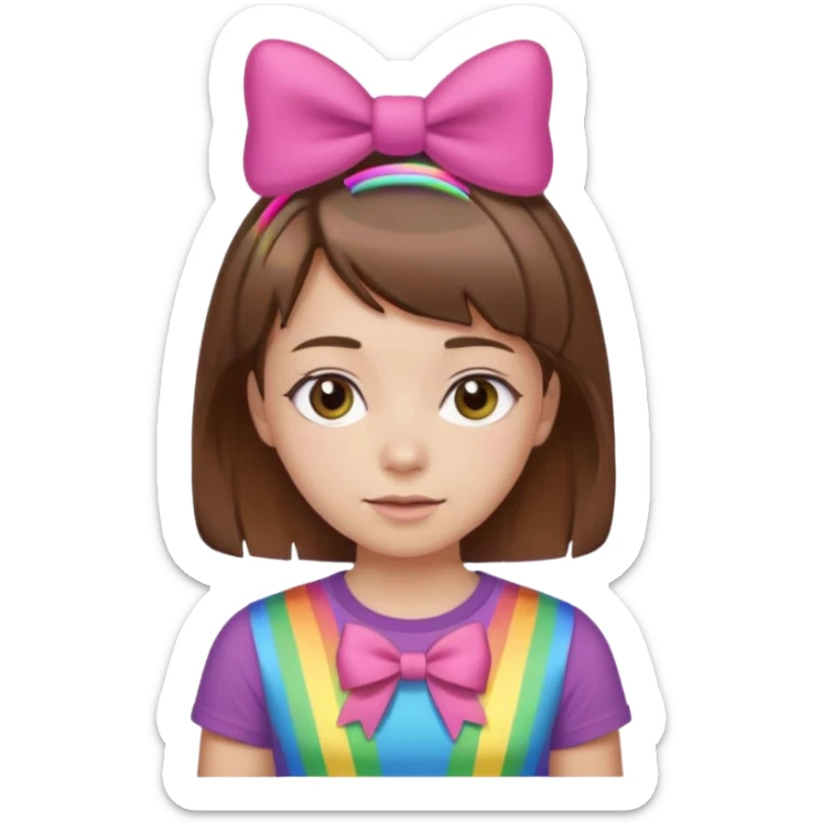 girl with short brown hair wearing a rainbow t-shirt with pink bows in her hair sticker