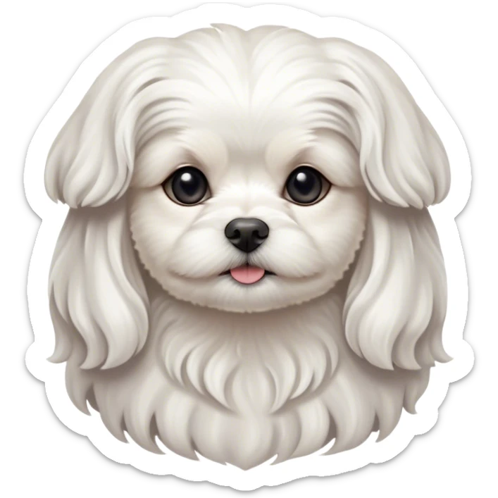 Cinematic Noble Wavy-Haired Maltese dog Portrait Emoji, Poised and regal, with a delicate, compact build and a pristine, wavy-haired white coat that cascades in gentle curls, deep-set soulful dark eyes, Simplified yet sharp and sophisticated features, highly detailed, glowing with a soft, dignified glow, high shine, intelligent and gentle, stylized with an air of refinement, focused and attentive, soft glowing outline, capturing the essence of a watchful and graceful companion, so majestic it feels as though it could prance out of the screen with effortless authority! sticker