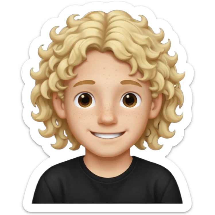 blonde boy with long curly hair past his ears, smiling, wearing a black shirt with freckles sticker