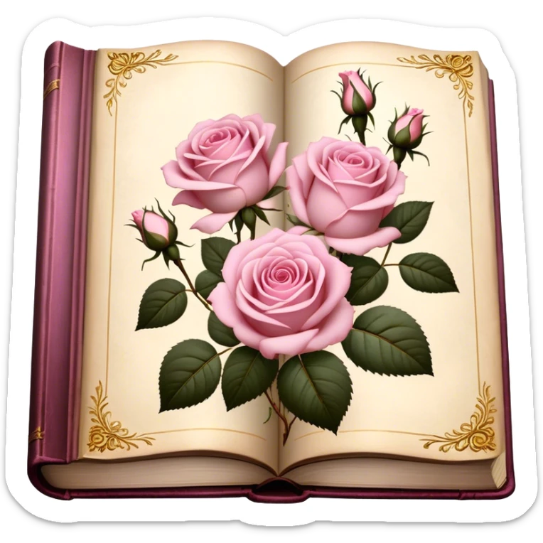 Antique book with pressed light pink roses, golden details on the cover, soft vintage lighting. sticker
