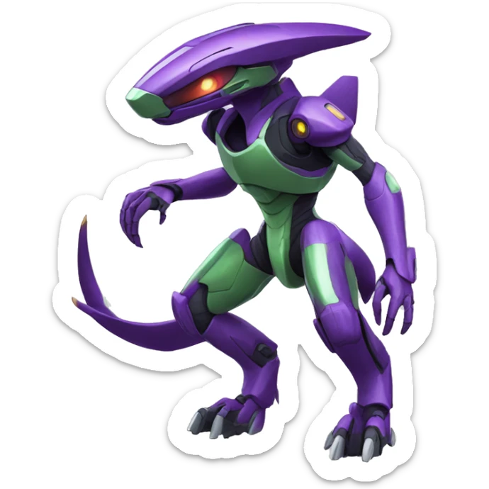 a purple-green Genesect-Raptor-Fakémon—hybrid with a futuristic visor-helmet full body sticker