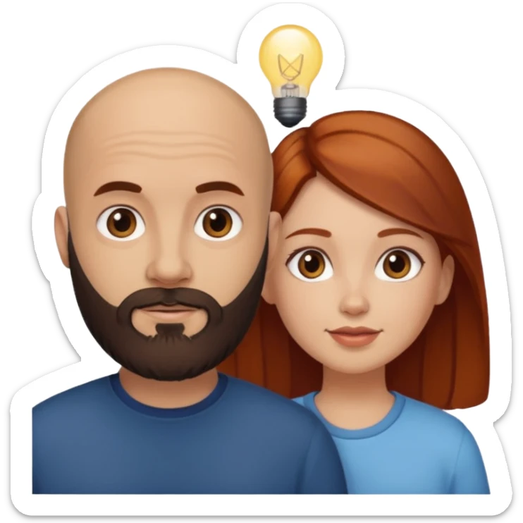 Couple. A bald man with dark brown beard and a girl with light skin. She is a redhead and has dark yellow brown auburn hair. Different skincolor. She has very light skin. sticker