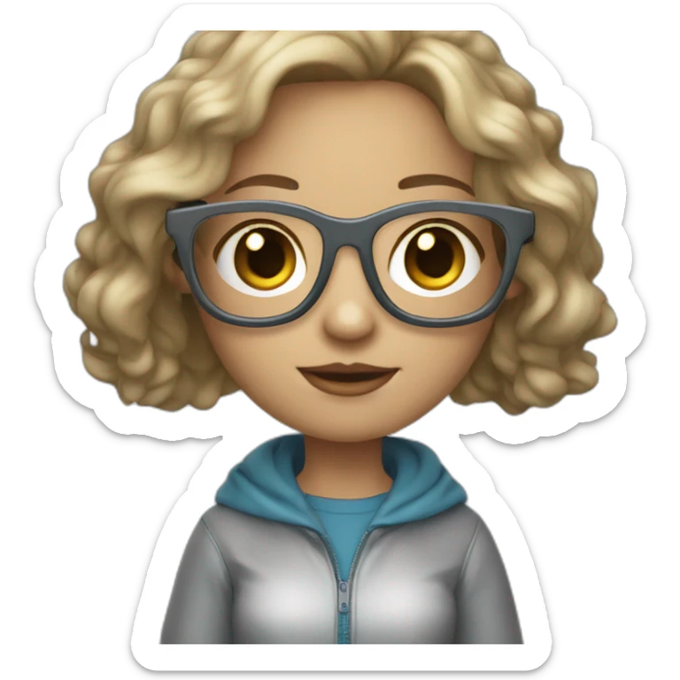 dark-blonde girl with bob wavy hair and blue eyes in glasses silver color glasses holding laptop light skin sticker