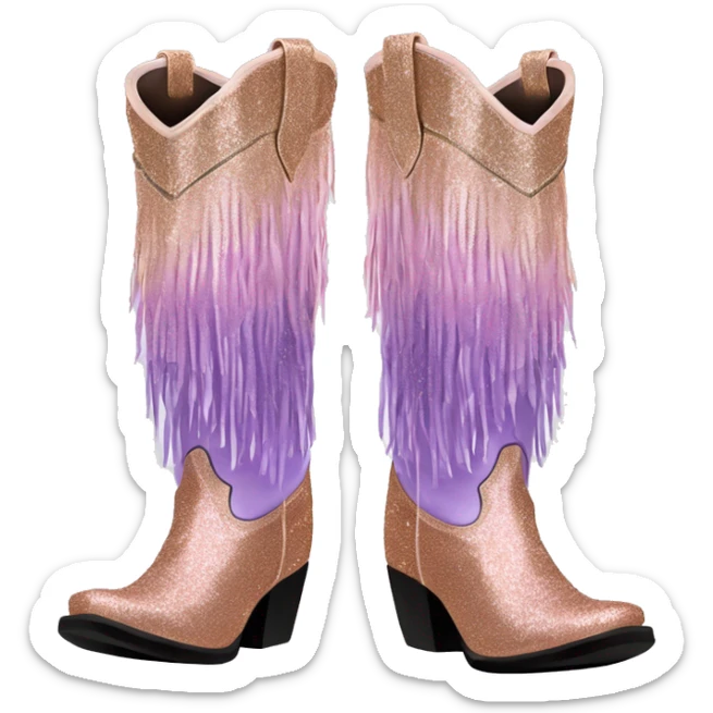 Realistic rose gold and lavender ombre pair of fashion cowgirl boots with sparkly shiny glitter fringe on them. sticker