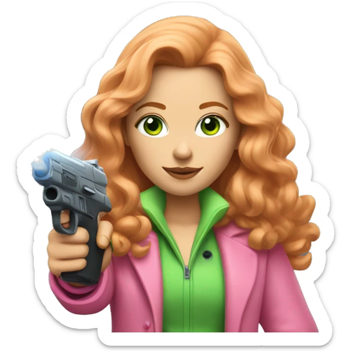 Women with reddish blonde long hair with light green eyes and a pink fluffy coat pointing a laser gun sticker