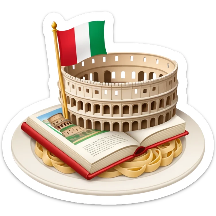 An icon featuring the Colosseum and the flag of Italy, symbolizing the Italian language. The design includes an open book with Italian phrases and a plate of pasta, representing language learning and cultural heritage. Transparent background sticker