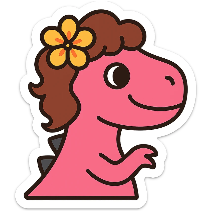 pink dinosaur with brown curly hair, a Hawaiian flower in her hair, and brown eyes, playful icon style sticker