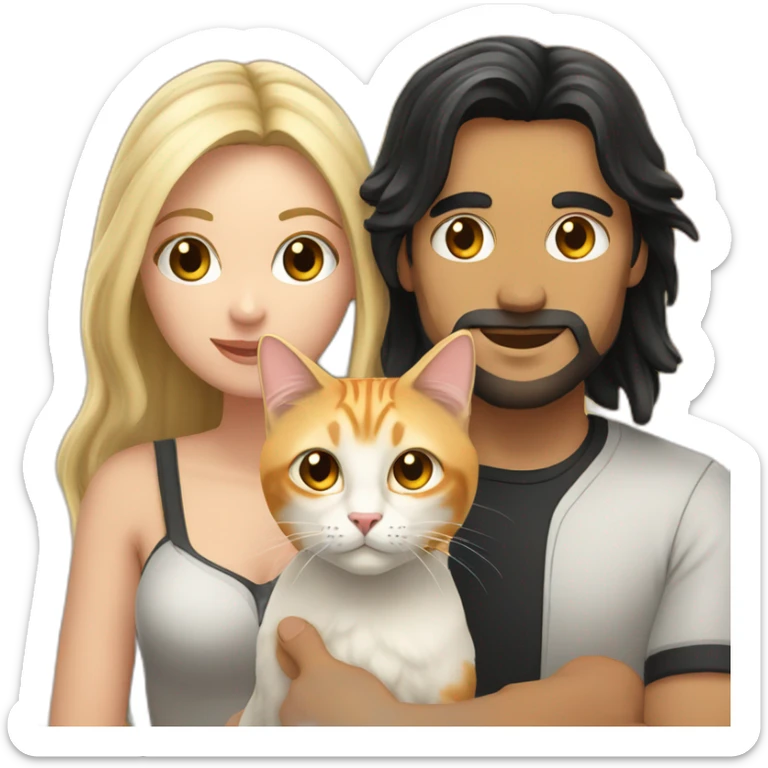 A couple consisting in a white man with long black hair and a blonde white woman holding an orange-white cat with long hair sticker