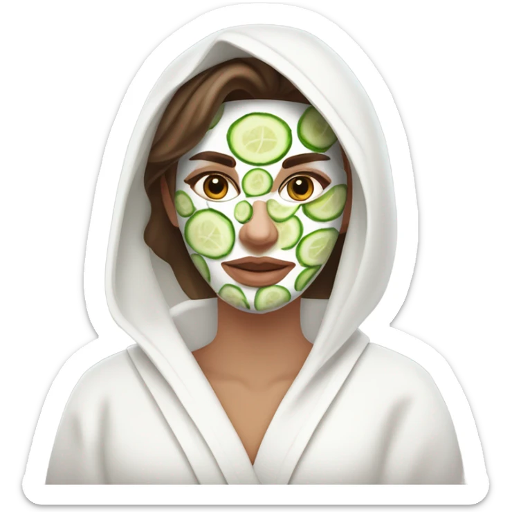 White girl with Brown hair and blue eyes wears a Green colored skincare clay textured mask and puts on cucumbers around her eyes while She relaxes in her white Robe sticker