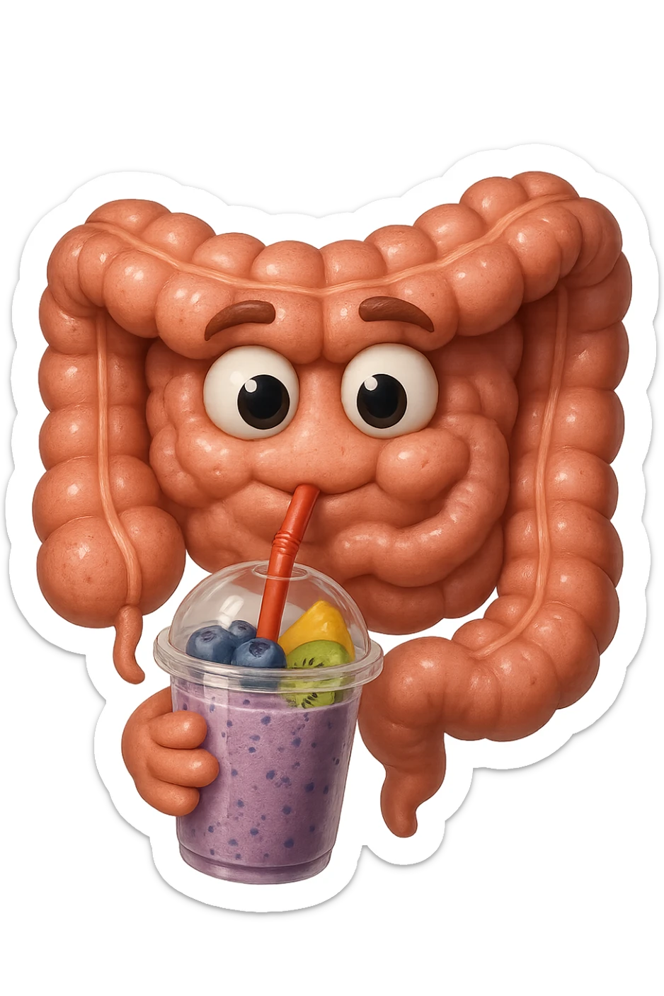 EMOJI STILE IPHONE DI un intestino umano anatomico che beve un frullato di mirtilli, ananas, kiwi, fagli anche la parte bianca degli occhi, non solo le pupille, REALISTICo 4K sticker