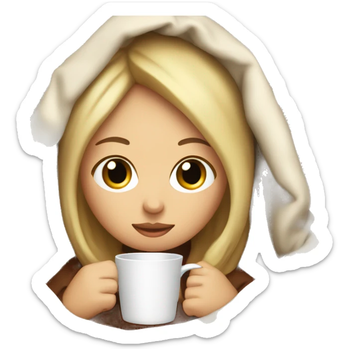 girl inside a blanket sipping coffee eyes closed and blonde hair  sticker