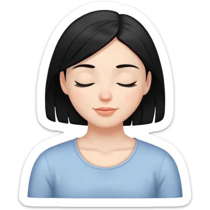 white girl with black hair, eyes closed, gentle smile, calm and serene sticker