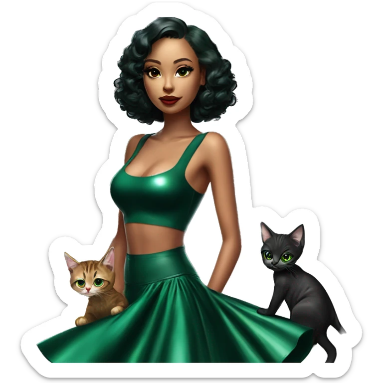 A pin skirt latex dark emerald dress on a female latin goddess with a kitten aura with a short bob a-line  sticker
