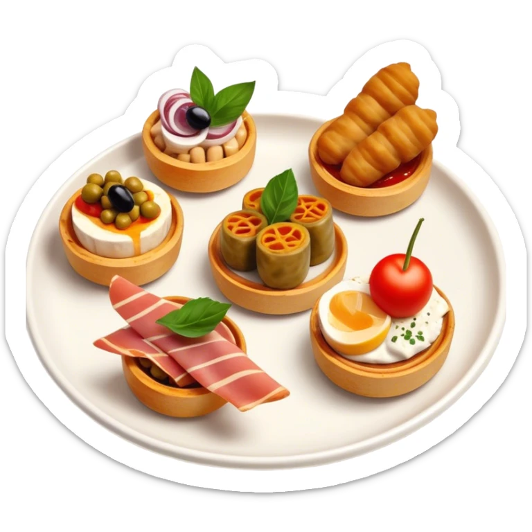 Tapas (4 Pintxos) Cinematic Realistic Tapas Dish Emoji, depicted as an assortment of 4 pintxos elegantly arranged on a plate, rendered with lifelike textures and vibrant, inviting lighting. sticker