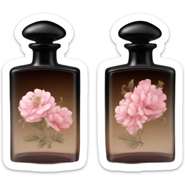 Two English vintage glass perfume bottles from my aristocratic grandmother, exquisite bottle shape, old and shabby, with label, stylish and minimalistic, black and brown with pink gradient, with little herbal and flowers  sticker