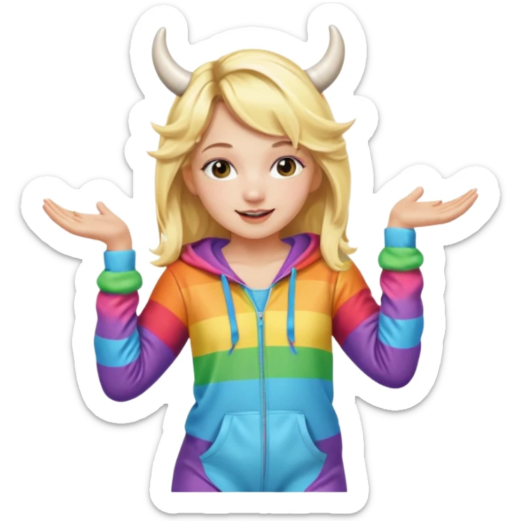 Cute blonde girl dancing in a rainbow onesie with cow horns  sticker