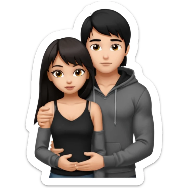 generate a pretty bratz girl in black cami top, dark brown straight long hair with bangs, eyeliner on, 

hugging a handsome muscular boy with black hair and a grey hoodie sticker