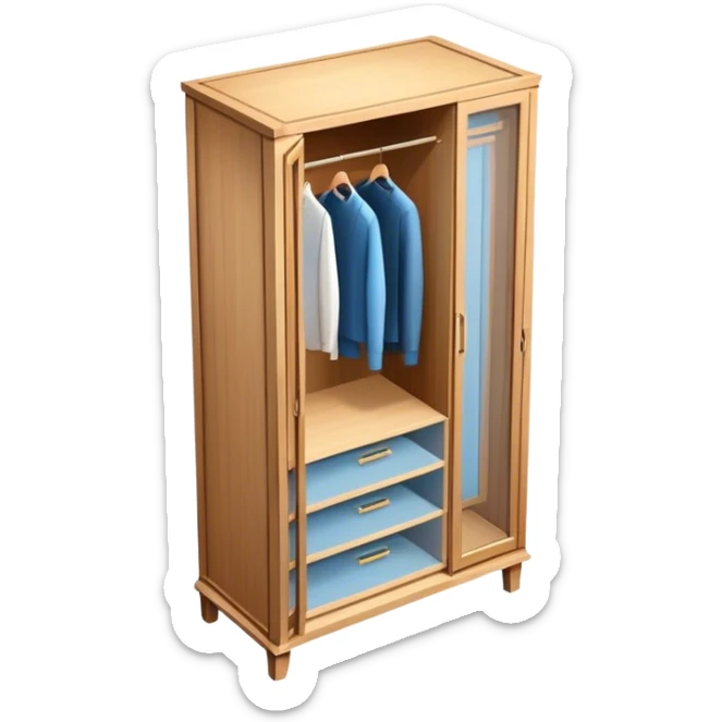 Icon for Furniture Design: a semi-transparent 3D wardrobe on top of a blueprint, with design metrics and measurements around it. The icon should represent the design and development process of furniture. Transparent background. sticker