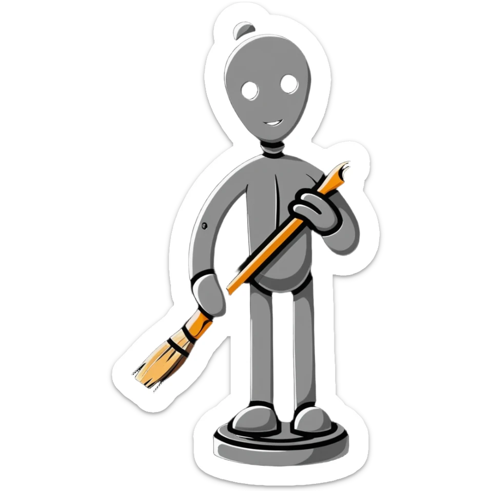 A paintbrush transforming into a 3D metal human silhouette sculpture, symbol of artistic identity, with defined sculptural details sticker