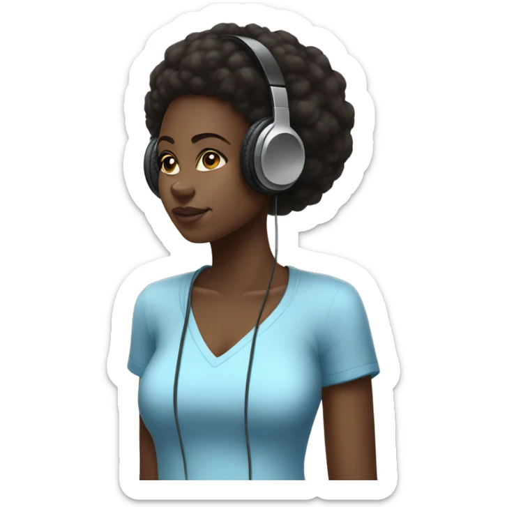 African girl. Black Afro high puff. Wearing white headphones. Listening to music. Wearing a light blue shirt. sticker