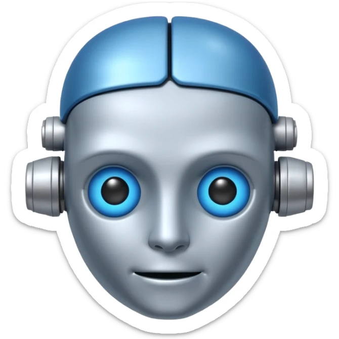 A simple emoji of a friendly robot head with a visible human brain on top, symbolizing learning AI, emoji style sticker
