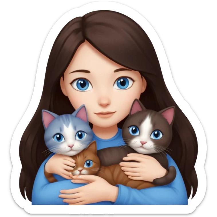 a girl with long dark 
brown hair, with blue eyes, hugs 3 different natural coloured cats sticker