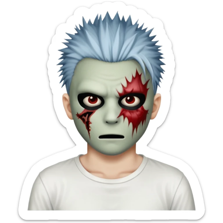 zombie boy with spiky emo hair and white shirt emoji and 

He wears an anonymous mask on half his face and has wounds on the other half. sticker