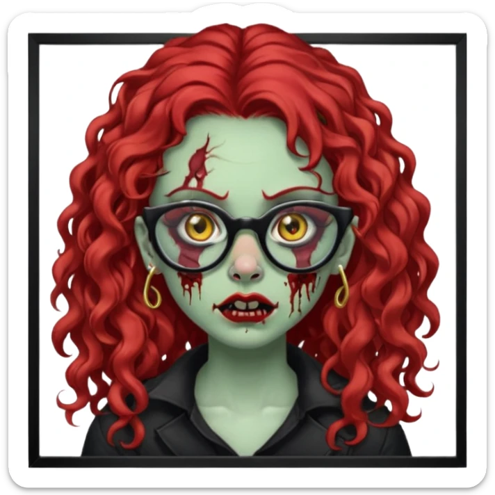 zombie girl with long red curly hair, thick lashes, black glasses, gold nose piercings on each nostril, and a gold eyebrow piercing. sticker