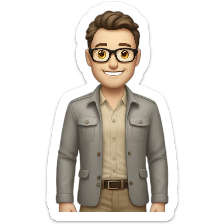 Joyful Pale skinned Fit Man With dark brown hair in gray jacket, beige office shirt, Brown pants and vintage glasses. His thrumbs up sticker