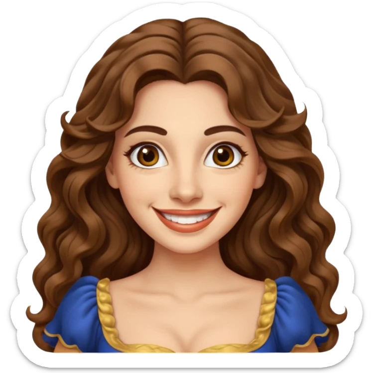 30 yr old italian woman, long brown wavy hair, big brown eyes, huge smile, fancy dress, no bangs,  sticker