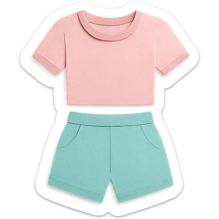 illustration of a women's short and tee shirt set in pastel colors in paper-craft style sticker