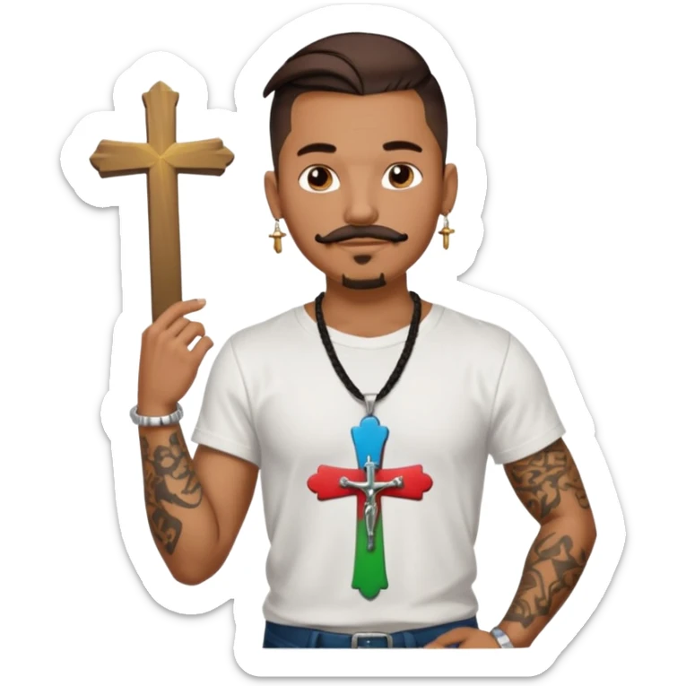 Deci creează mi un emoticon cu un băiat mai creol care are doar o coadă are cercel intr o ureche are tatuaje și barba cioc și mustața și are lanț la gât cu cruce vreau să fie cu totul cu tot cu corp și cercel vreau să aibă doar intr o ureche nu în ambele  sticker