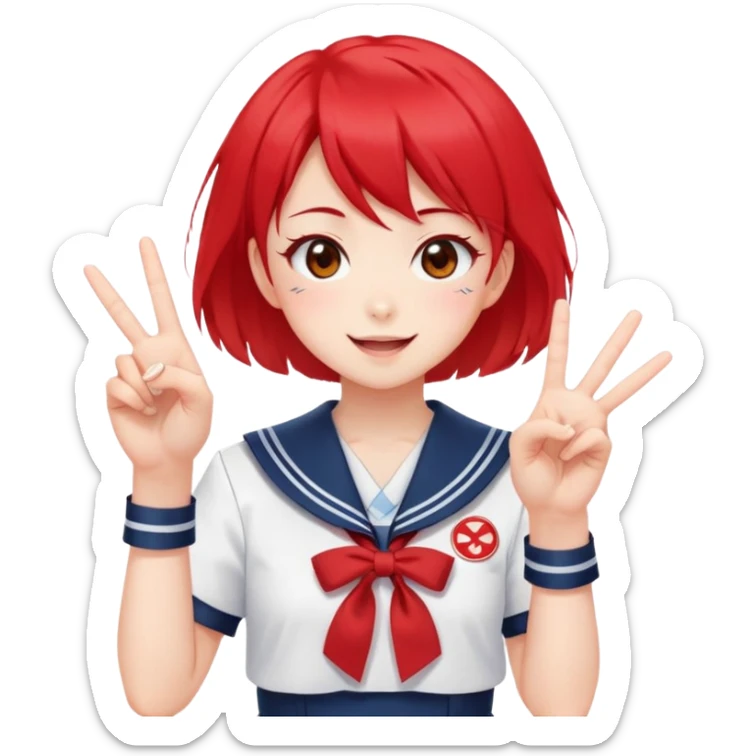 Energetic anime girl with short bright red hair wearing Japanese sailor style school uniform, winking and making double peace signs, very cheerful and bubbly, kawaii style sticker