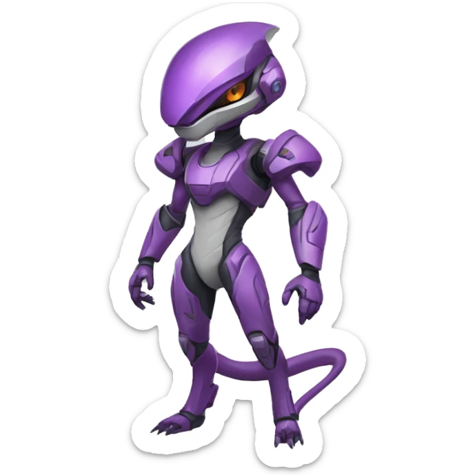 A Reptile-Raptor-Genesect-Mewtwo-Fakémon, with a futuristic visor-helmet, wearing a techwear-suit, Full Body sticker