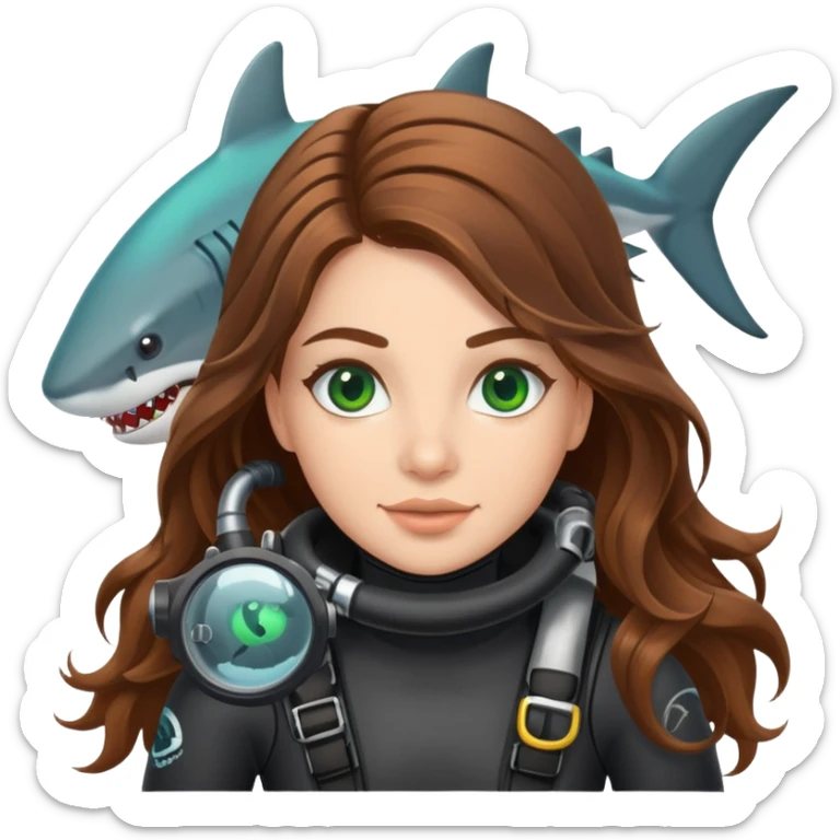 A scuba (long brown wavy hair green eyes) girl and a shark sticker