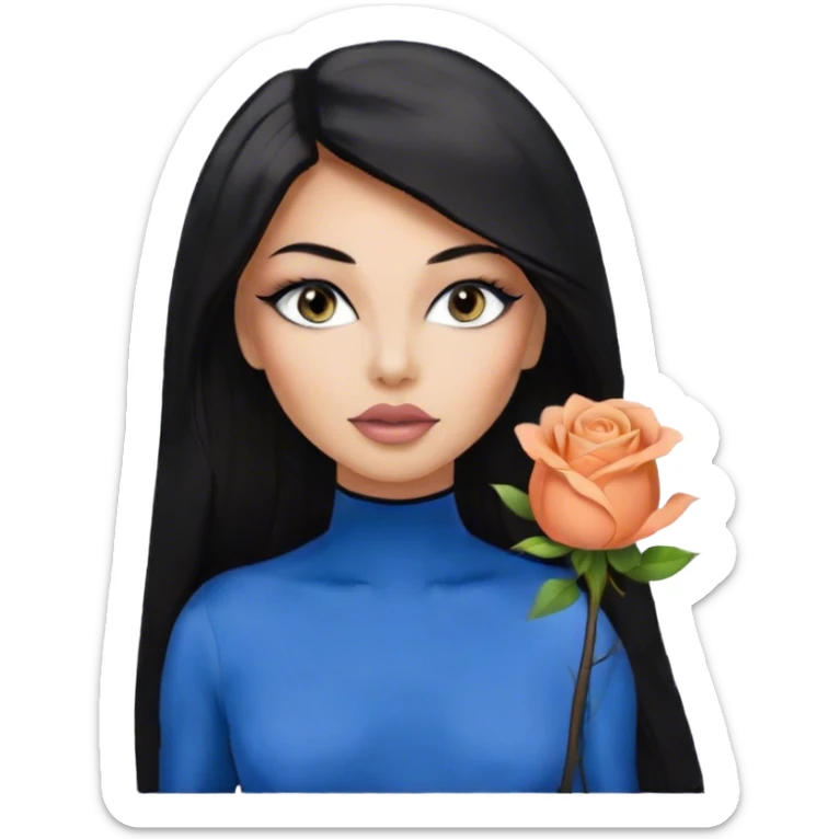 Glamours, tanned, very beautiful girl, with big pump peach-beige-rose lips, eyeliner, long long lashes, black straight smooth silky long hair, straight parting hair, blue-grey eyes, black bodysuit long-sleeves sticker