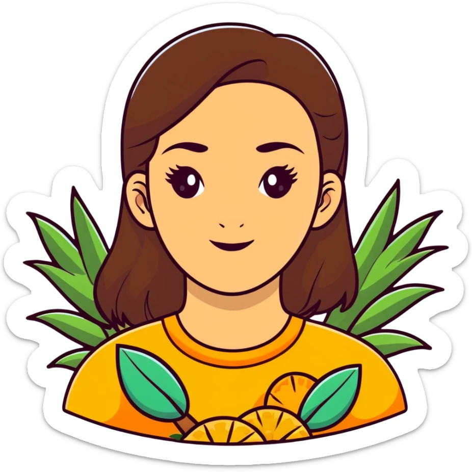 confident young woman with oval face, warm skin, long dark brown hair, thick eyebrows, large brown eyes, gentle smile, surrounded by tropical elements: palm trees, pineapples, oranges, lush green leaves, tropical botanical illustration, vibrant natural colors, sticker-like white outline sticker