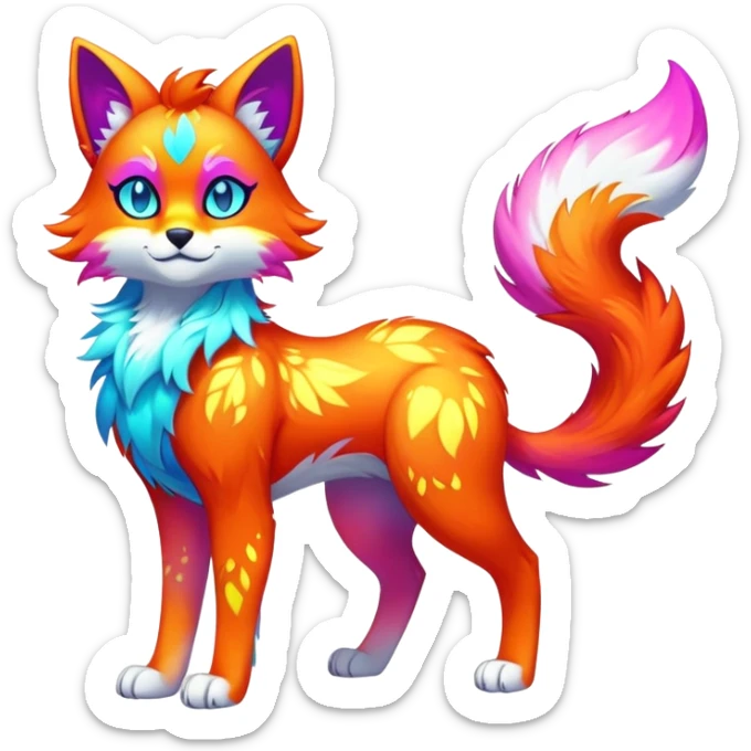 Vibrant multicolored neon-colored Falvie-Fionbri-creature-sparkle-feline-canine-hybrid-fursona, full body sticker