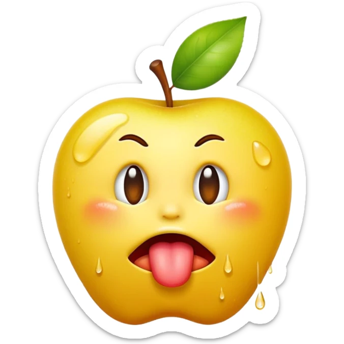 classic yellow apple emoji face, exaggerated pout, tongue out, spit droplets sticker