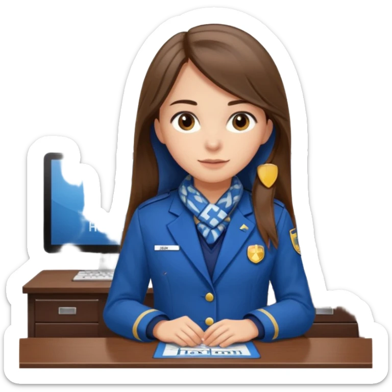 Young girl, long straight hair, wearing uniform jacket with hotel name badge, tasteful scarf, stand behind the desk

 sticker