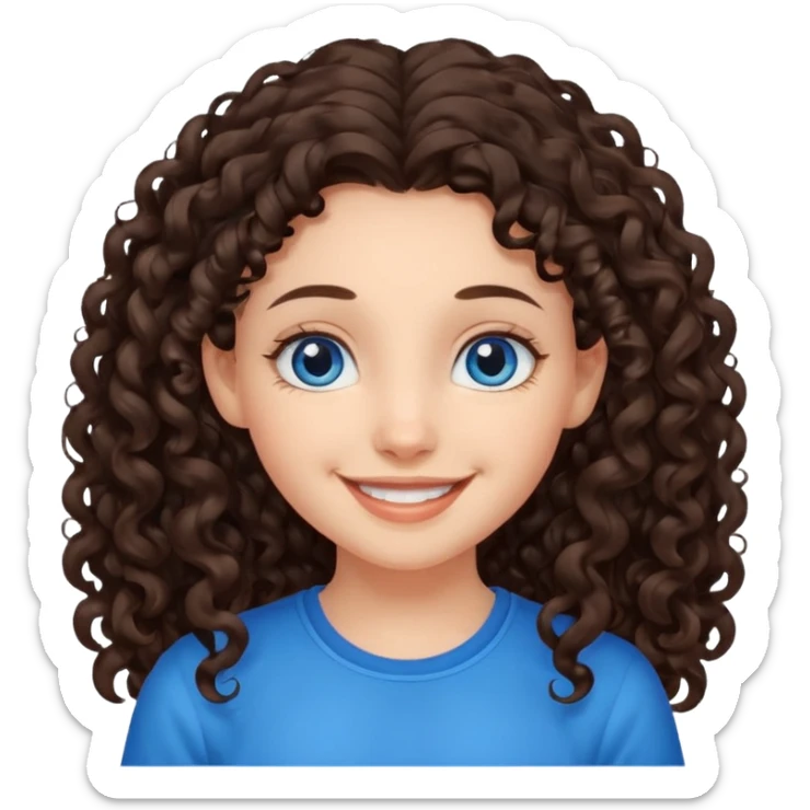 a girl with long dark brown curly hair that starts at the level of her ears, and blue eyes sticker