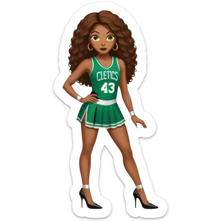 A 48-year-old black woman with brown eyes, long brown baylaige hair dressed in sexy 
celtics jersey costume outfit and stilettos  sticker