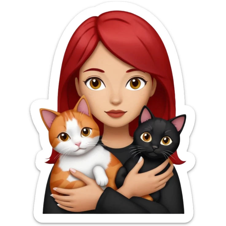 perempuan berambut merah dan hitam sedang menggendong kucing 3 warna yaitu hitam, coklat, dan putih  sticker