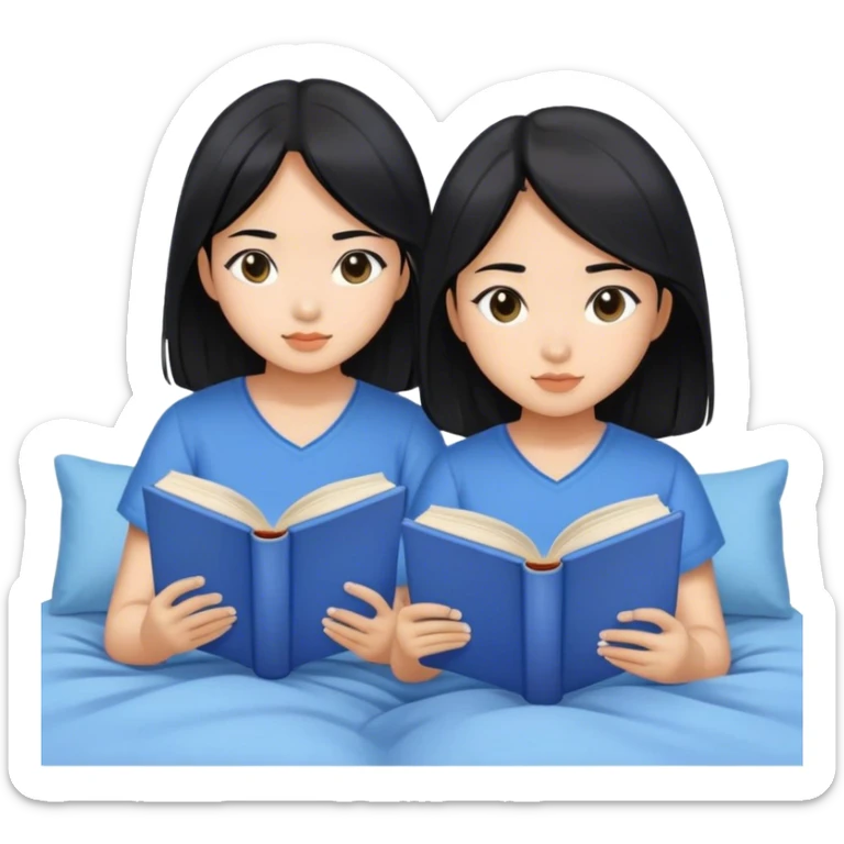 two asian girls black hair on the bed reading blue books sticker