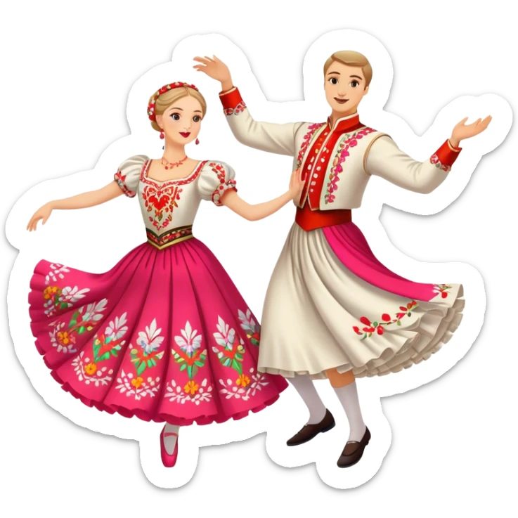 Cinematic Realistic scene of two dancers performing the Mazurka, dressed in vibrant traditional Polish costumes with intricate embroidery and flowing skirts, captured in graceful motion with warm, festive lighting sticker