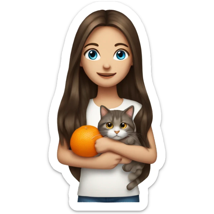 long hair brunette girl with blue eyes holding orange cat sticker