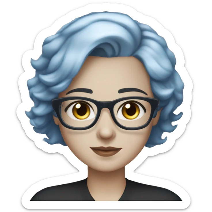 Caucasian woman with choppy chin length layered blue hair and grey eyes wearing light grey square-shaped glasses and a black collared shirt sticker